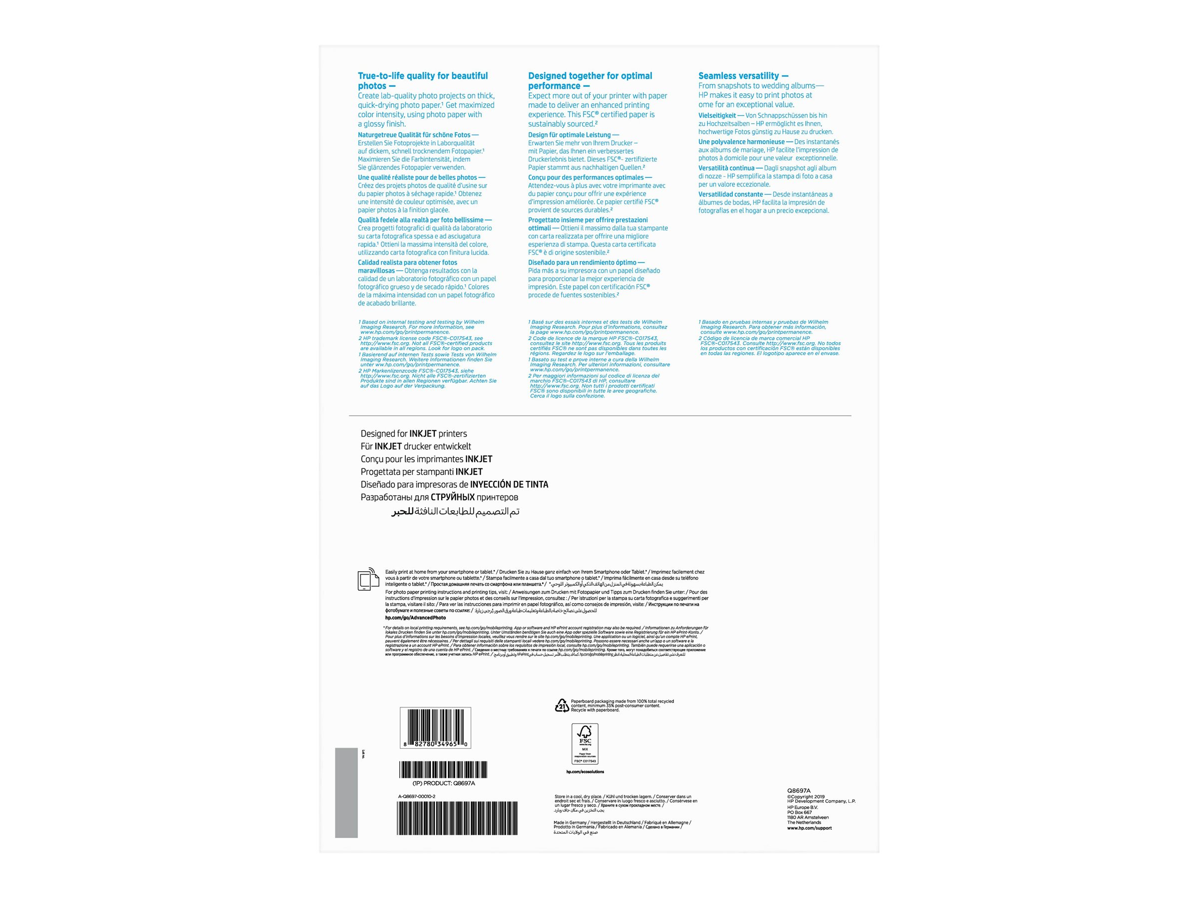 HP Advanced Photo Paper - Glänzend - A3 (297 x 420 mm)250 g/m² - 20 Blatt Fotopapier - für ENVY Inspire 7920; Officejet 7000 E809 - 7510 - 76XX; Officejet Pro 77XX