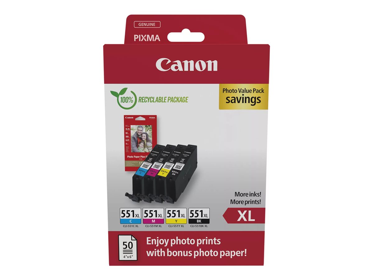 Canon CLI-551XL C/M/Y/BK Photo Value Pack - 4er-Pack11 ml - XL - Gelb - Cyan - Magenta - Schwarz - original - Box - Tintenbehälter- / Papierpaket - für MAXIFY MG6650; PIXMA iP8750 - iX6850 - MG5550 -