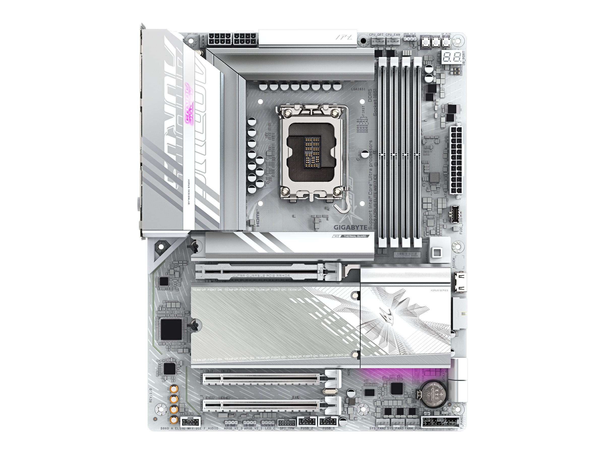 Gigabyte B860 AORUS ELITE WIFI7 ICE Mainboard, Intel, LGA 1851 (Socket V1), Intel Core Ultra (Serie 1), Intel Core Ultra (Series 2), LGA 1851, DDR5-SDRAM, 256 GBIntel Core Ultra CPUs - 14+1+2+1 Phasen