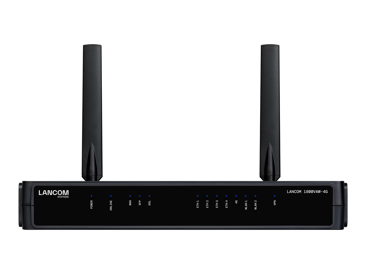Lancom 1800VAW-4G - SD-WAN-Gateway - mit VDSL5 Anschlüsse - Wi-Fi 6 - 4G - 3G - 2.4 GHz - 5 GHz - LTE B1/B3/B7/B8/B20/B28/B32/B38/B40/B41/B42/B43 - für LANCOM SFP-AON-1 - SFP-BiDi1550 - CO1 - SFP-GPON