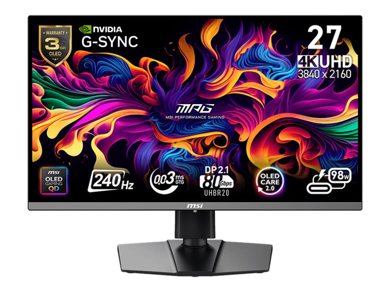 MSI MPG 272URXDE - OLED-Monitor - Gaming - 68.6 cm (27")(26.5" sichtbar) - 3840 x 2160 UHD @ 240 Hz - 1000 cd/m² - 1500000:1 - DisplayHDR 400 True Black - 0.03 ms - 2xHDMI - DisplayPort - USB-C - Schw
