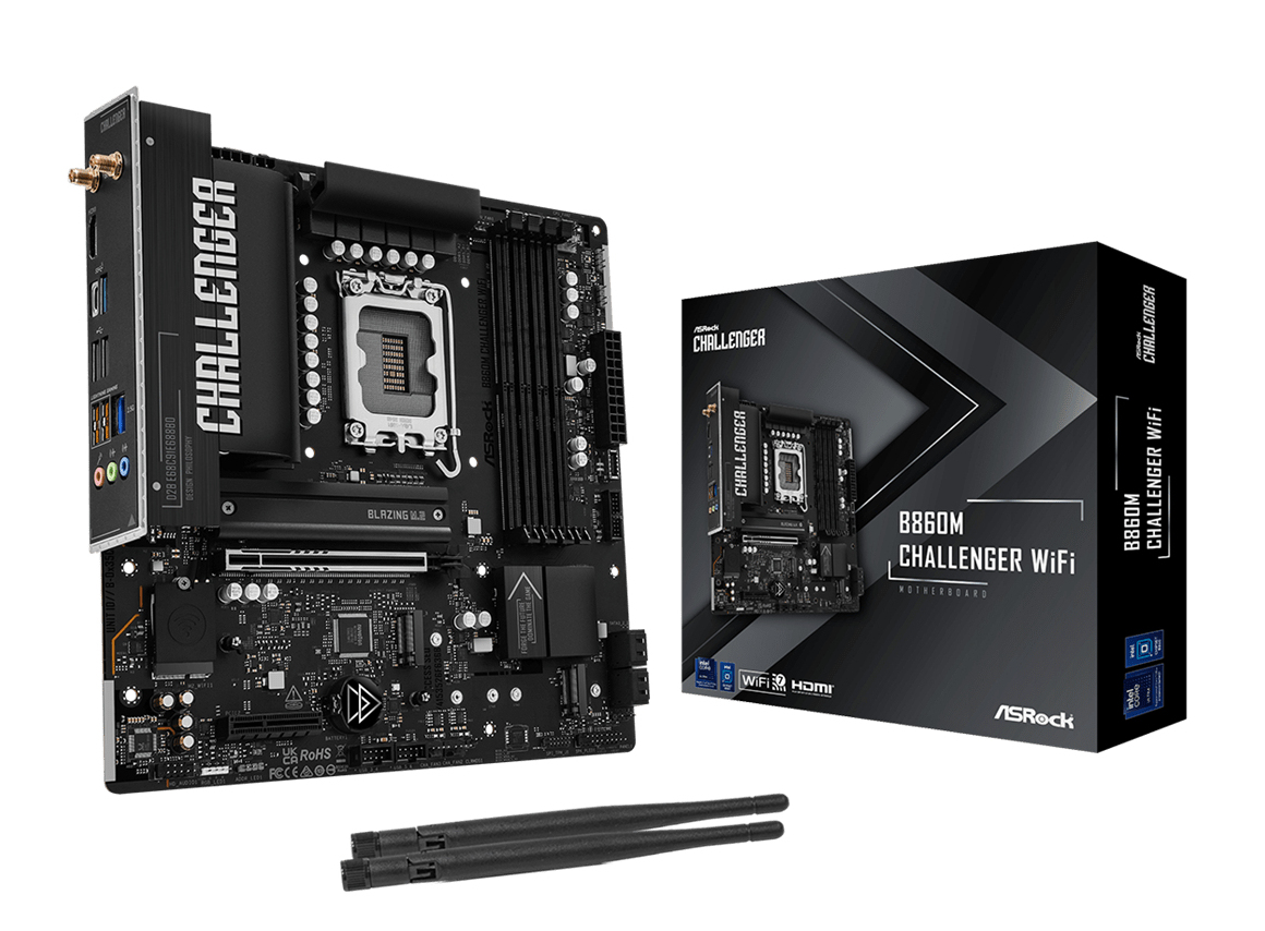 ASRock B860M Challenger WiFi, Intel, LGA 1851 (Socket V1), Intel Core Ultra (Series 2), DDR5-SDRAM, 256 GB, DIMM B860 - ATX - 256 GB - DDR5 - SDRAM - DIMM - SATA - Lan - WLAN - HDMI - SATA