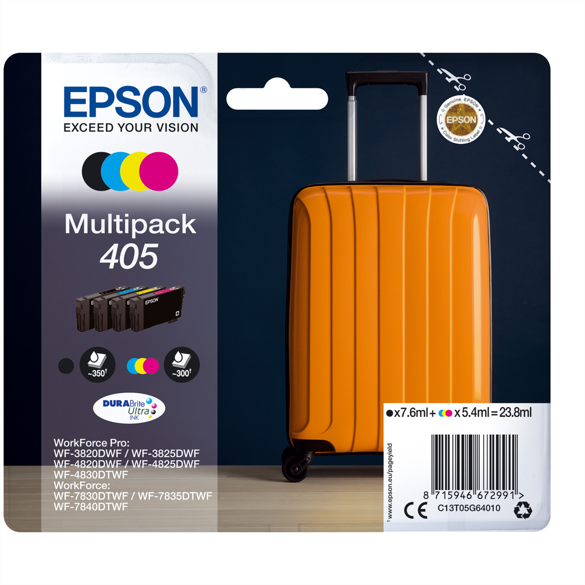 Epson 405 - 4er-Pack - Schwarz, Gelb, Cyan, Magentaoriginal - Tintenpatrone - für WorkForce WF-7310 - 7830 - 7835 - 7840; WorkForce Pro WF-3820 - 3825 - 4820 - 4825 - 4830 - 7840