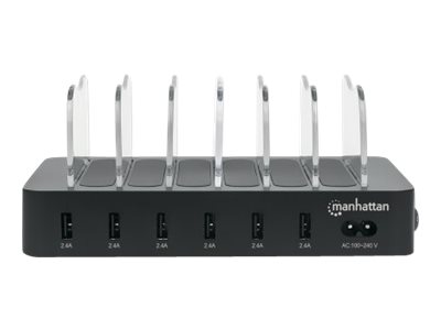 Manhattan Charging Station, 6x USB-A Ports, Outputs: 6x 2.4A, Smart IC, LED Indicator Lights, Black, , Box - Ladestation - 50 Watt - 2.4 A - 6 Ausgabeanschlussstellen (USB)6-Port USB-Ladestation - Sec