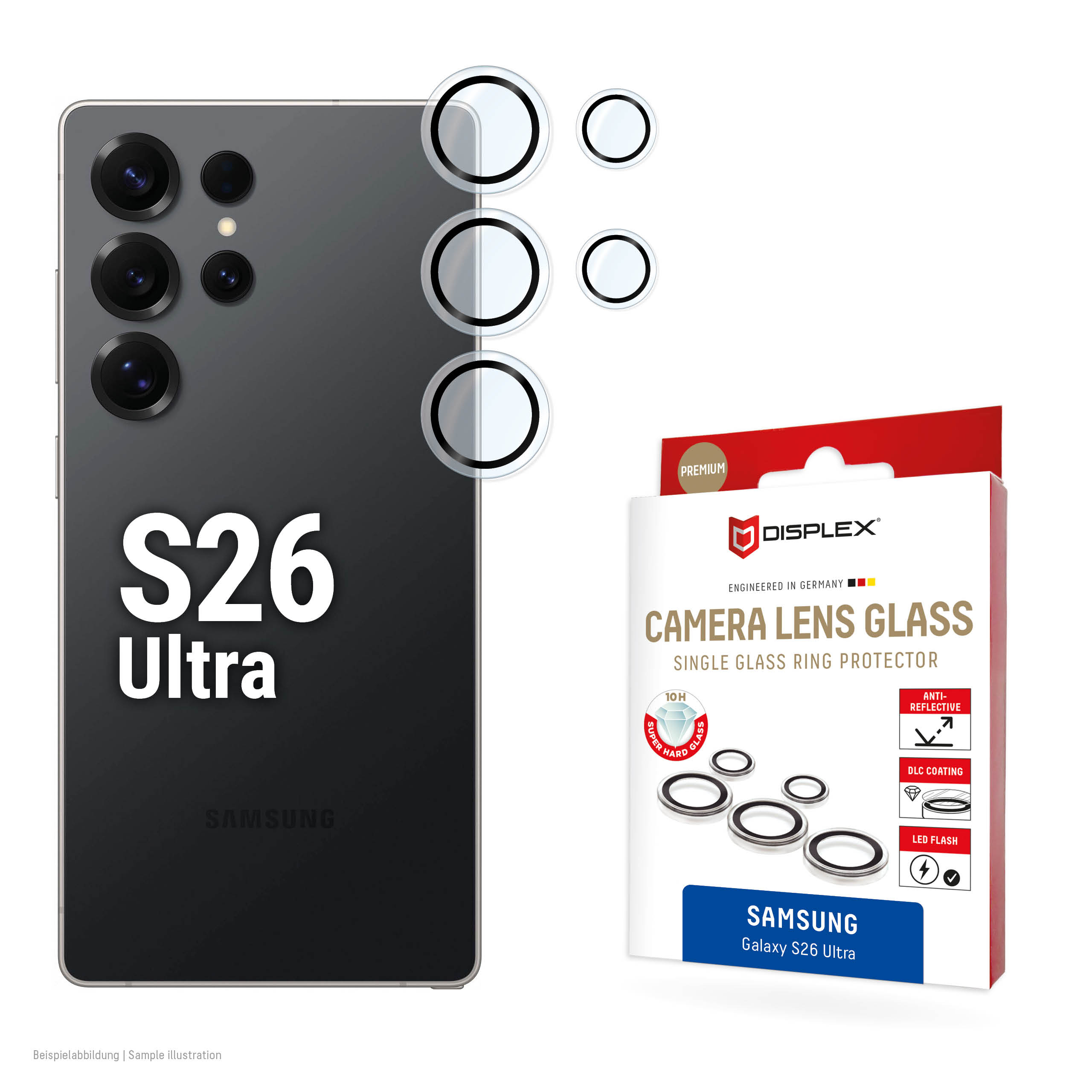DISPLEX Premium Camera Lens Glass, Samsung S26 Ultra, Einzelringe, Schutzringe, 10H, transparent, Quick Mount, Samsung, Galaxy S26 Ultra, Staubresistent, Schlagfest, Kratzresistent, 1 Stück(e) Premium
