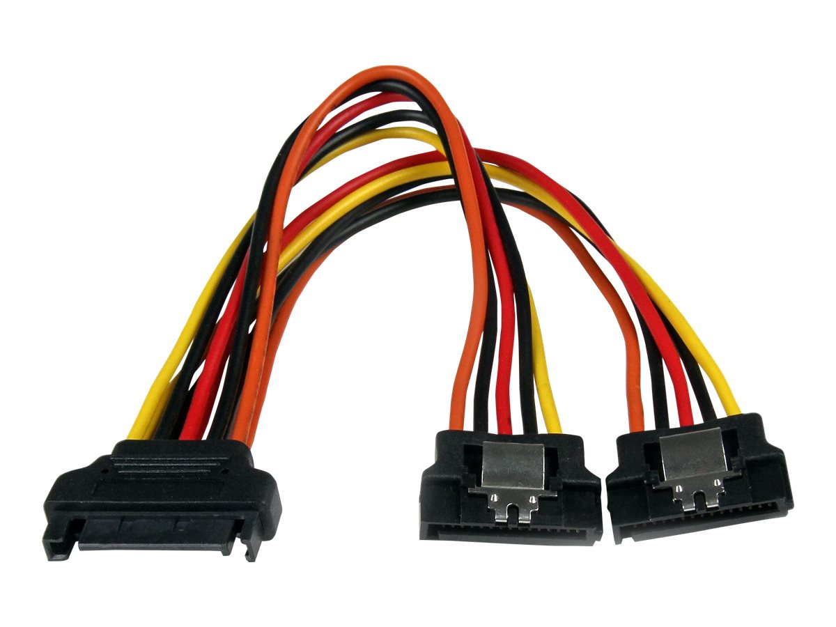 StarTech.com SATA Y-Strom-Adapterkabel mit Verriegelungs Clip 15cm - S-ATA Y Splitter Stromkabel St/Bu - Serial ATA 15pin Y-Adapter - Netz-Splitter - SATA-Stromstecker (M)zu SATA-Stromstecker (W) - 15