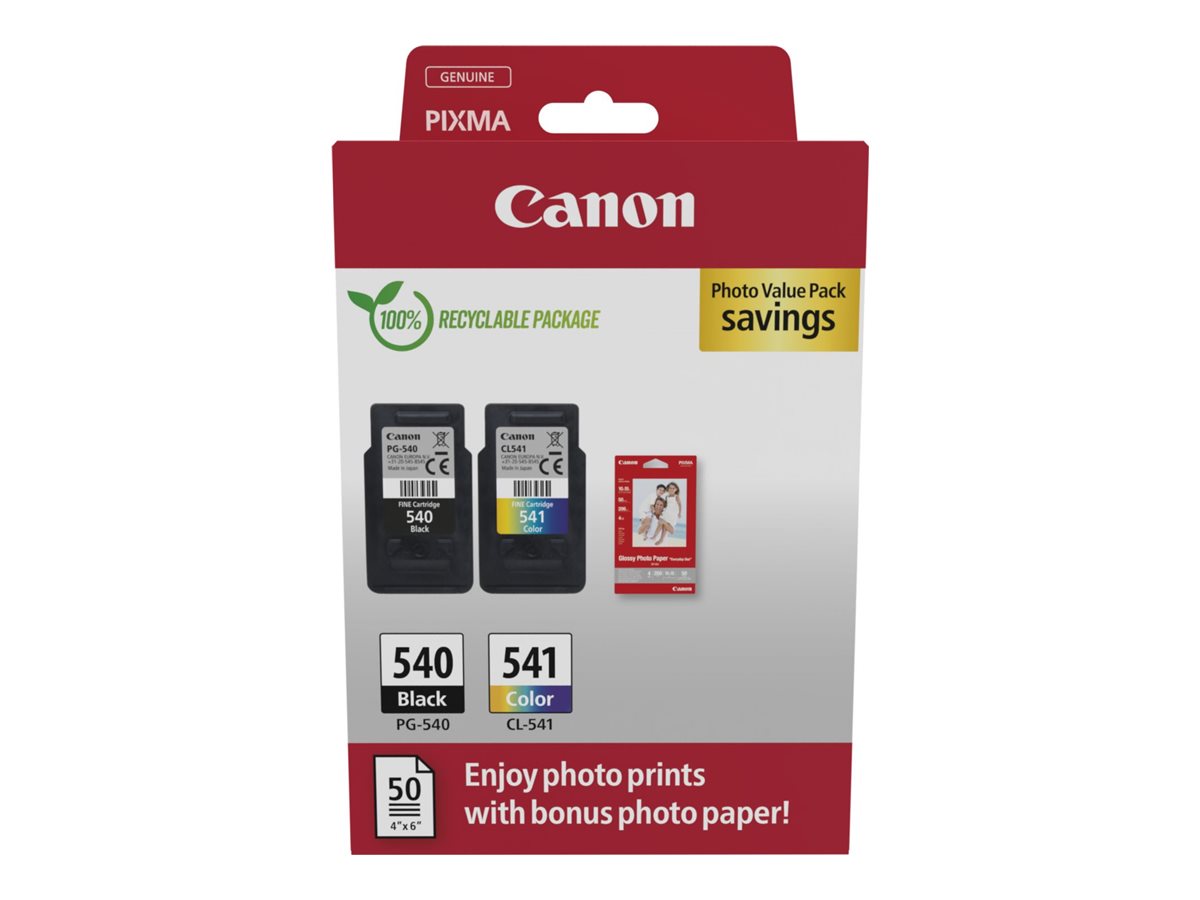 Canon PG-540/CL-541 Photo Paper Value Pack - 2er-Pack - Schwarz, Farbe (Cyan, Magenta, Gelb)original - hängende Box - Tintenpatrone / Papierkit - für PIXMA MG3250 - MG3550 - MG3650 - MG4250 - MX395 -