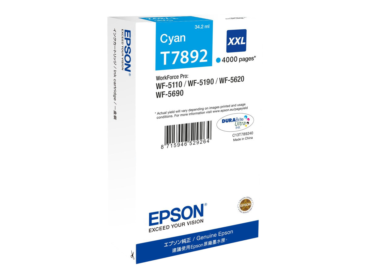 Epson T7892 - 34.2 ml - Größe XXL - Cyan - originalTintenpatrone - für WorkForce Pro WF-5110DW - WF-5190DW - WF-5190DW BAM - WF-5620DWF - WF-5690DWF - WF-5690DWF BAM