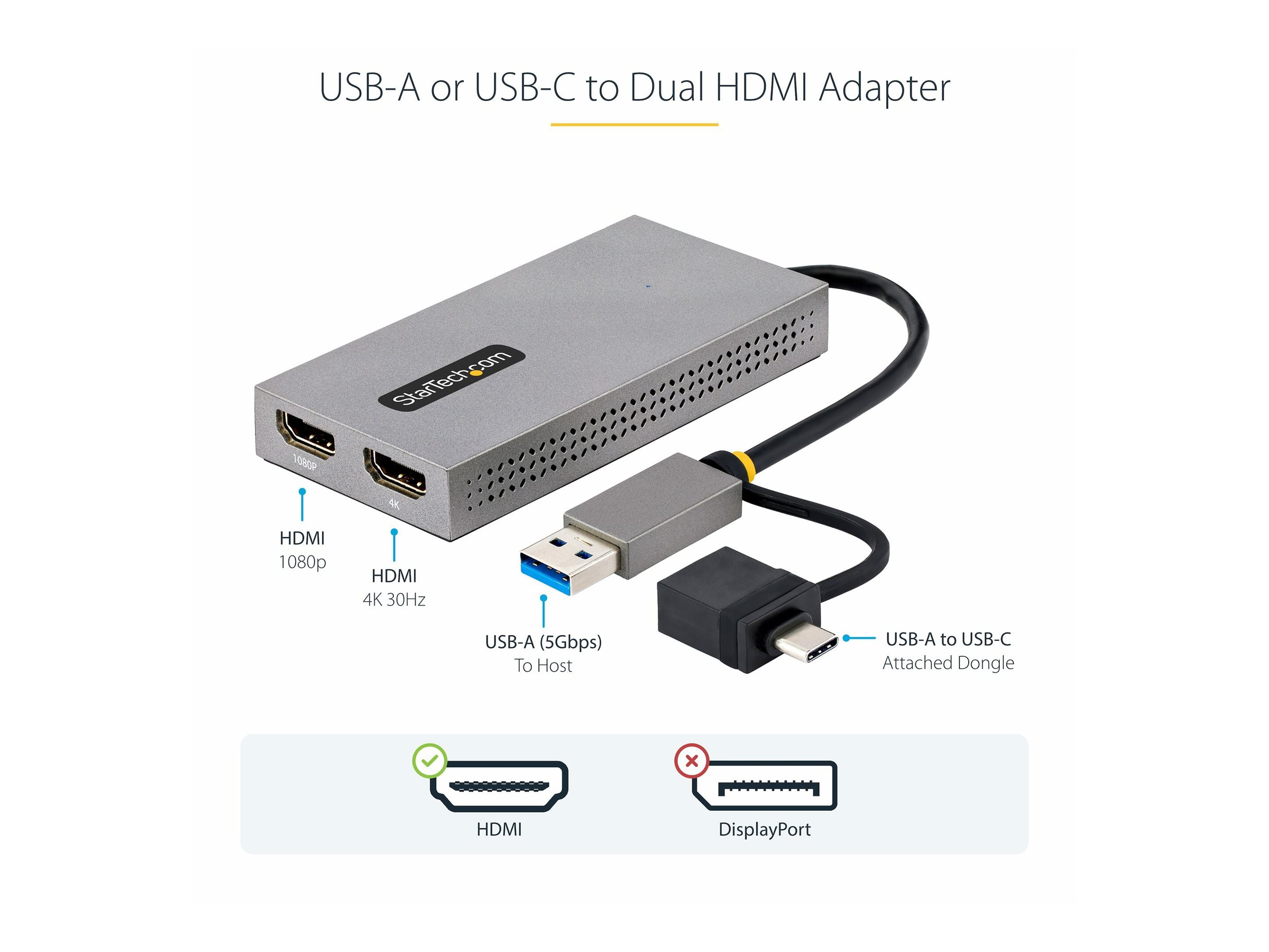 StarTech.com Startech USB HDMI Dual Monitor Adapter, USB A/C zu 2x HDMI (4K & FHD)Videoadapter - USB Typ A - USB-C männlich zu 2 x 19 pin HDMI Type A weiblich - Grau - 4K Unterstützung