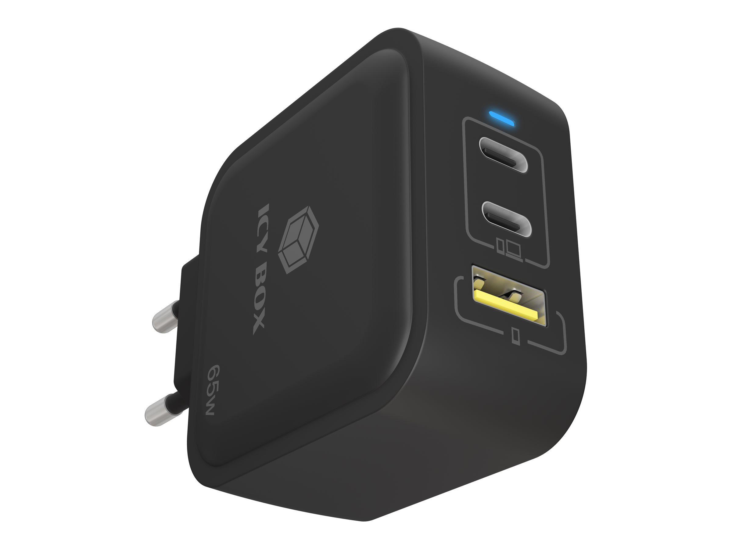 ICY BOX IB-PS1030-PD - Netzteil - GaN - 65 Watt - 3.25 A - PD 2.0, PD 3.0, QC 3.0, QC 2.0 - 3 Ausgabeanschlussstellen (2 x USB-C, USB)Schwarz