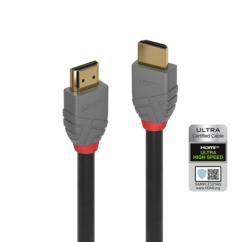Lindy Anthra Line - Ultra High Speed - HDMI-Kabel mit Ethernet - HDMI männlich zu HDMI männlich - 1 m - Dreifachisolierung - Schwarz - rund, Unterstützung für Dolby DTS-HD Master Audio, Unterstützung