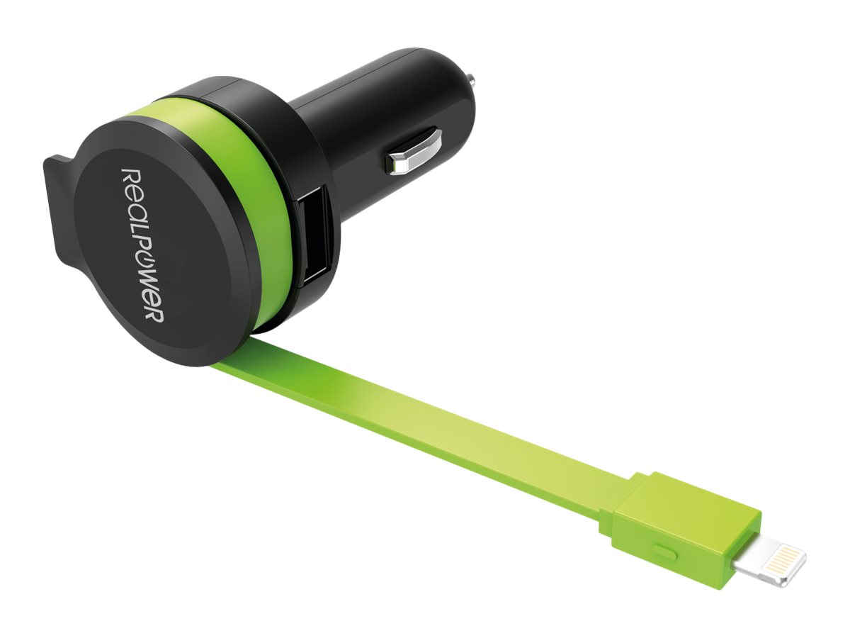 RealPower Auto-Netzteil - 4.8 A - 2 Ausgabeanschlussstellen (USB, Lightning)KFZ-Ladestation mit integriertem Lightning Kabel und USB-Ladeport